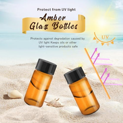 100 Pack,Glass Essential Oil Bottle with Screw Caps,Empty Refillable Travel Glass Liquid Sample Vial Labs Preservation Storage Leakproof Vials Test Container with Black Screw Caps (Amber, 5ml) - color: Amber, size: 5ml