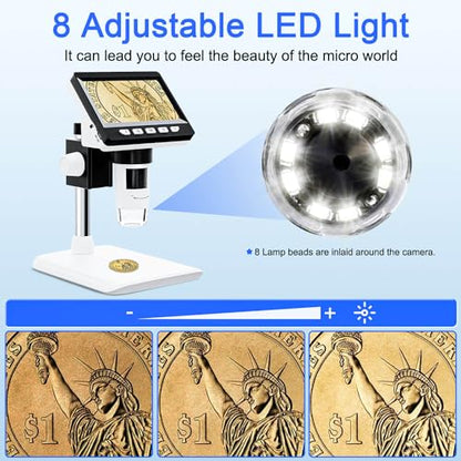 4.3" Digital Microscope for Adults, USB Coin Magnifier with 8 Adjustable Lights, 1000X Magnifying Glass, 1080P Resolution,Save Photos & Videos,Compatible with Windows/MacOS, White - color: White