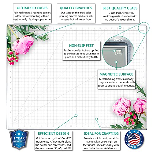 GLASSBOARD STUDIO Glass Craft Mat - Magnetic, Heat & Scratch Resistant - For Crafting, Cutting, Painting, Mixed Media Artwork - Grid Lines, Non-Slip Rubber Feet (Floral 24"L x 36"W) - color: Floral, size: 24"L x 36"W