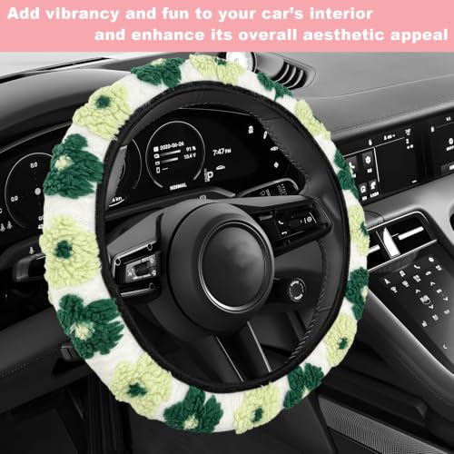 15" Plush Flower Car Steering Wheel Cover (Green) - color: Green