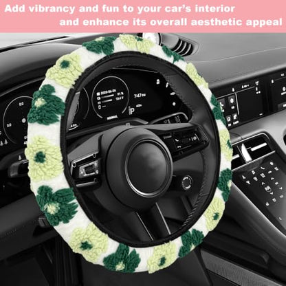 15" Plush Flower Car Steering Wheel Cover (Green) - color: Green