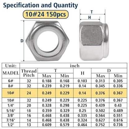 #10-24 Lock Nut, 150Pcs Stainless Steel Nylock Insert Locking Nuts - size: #10-24, 150 Pack