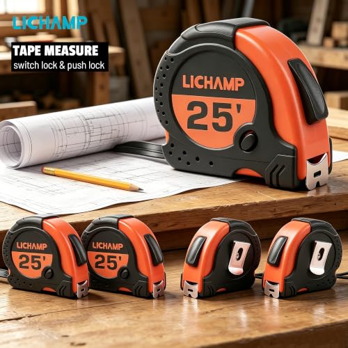 Lichamp 6 Pack 25ft Retractable Tape Measure 1in with 1/8 Fractions, Orange - color: Orange