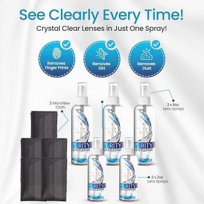 Purity Eyeglass Cleaner Mega Pack - 2x2oz & 3x8oz Lens Spray Bottles - style: 10 Piece Set - 3 (8oz + 2 (2oz Lens Spray)) + 5 (Microfiber Cloth)