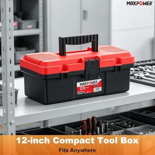 MAXPOWER 12-inch Small Plastic Tool Box, Lockable, Removable Tray - color: Red, size: 12"