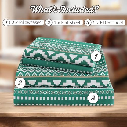 CozySmile 4 Pieces Queen Sheet Set Bohemian, Boho Sheets Soft Microfiber Deep Pocket, Western Sheets Geometric(Queen, Emerald Green) - color: B-emerald Green, size: Queen