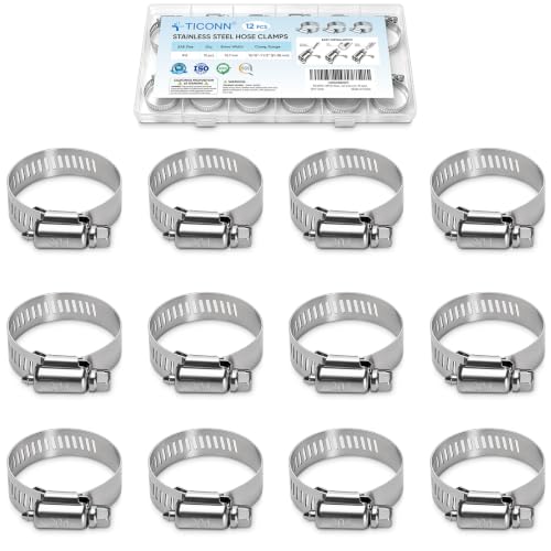 TICONN 12PCS Hose Clamps Set 304 Stainless Steel, 13/16"-1-1/2" Worm Gear - size: SAE #12 12PCS 13/16''~1-1/2"