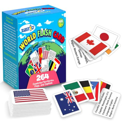 Zastic! 264 World Country Flags Flashcards - Capital, Languages & Continent