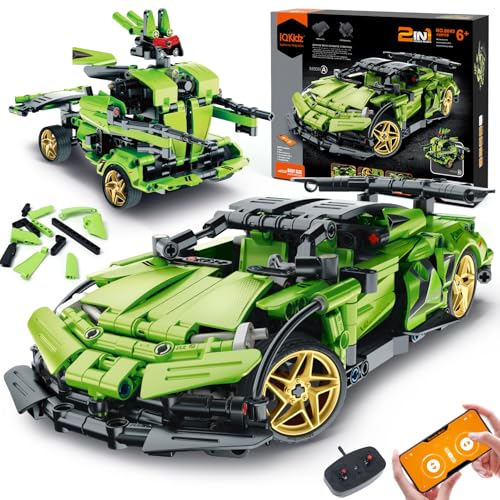 IQKidz STEM Building Blocks Kit for Kids - 2 in 1 Remote Control Race Car and Robot Toy, Great Gift for Boys, Teens Age 6 7 8-12+ Year Old Who Love Engineering and RC Sports Car Toys - style: Green Race Car