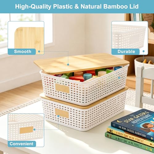 Bagnizer 4 Pack Plastic Storage Bins with Bamboo Lids, 6.2qt Stackable Storage Organizer Box with Lable for Pantry Shelves Drawers Desktop Office, 12"L x 8.3"W x 3.5"H, Cream White - color: Cream White, size: Shallow- 4 Pack