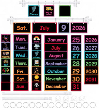 96 Cards Classroom Bulletin Board Decorations Set for Teachers,Flip Calendar with Holder for Classroom,Adjustable Calendar,Preschool Elementary Home Decor Supplies（Chalkboard Vibrant） - style: Chalkboard Vibrant