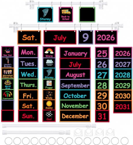96 Cards Classroom Bulletin Board Decorations Set for Teachers,Flip Calendar with Holder for Classroom,Adjustable Calendar,Preschool Elementary Home Decor Supplies（Chalkboard Vibrant） - style: Chalkboard Vibrant