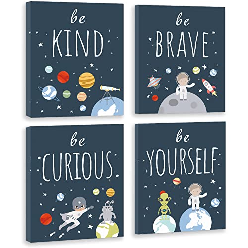 CHDITB Outer Space Canvas Wall Art, Abstract Universe Planet Print, Be Kind Inspirational Space Poster For Kids Room Boys Bedroom Nursery Playroom Decor-Set Of 4 (8” X 10”) Framed Ready To Hang - color: Outer Space, size: 8x10 inches