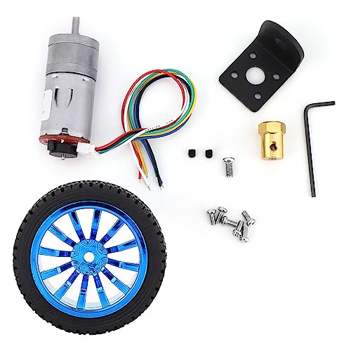 DC 12V Encoder Gear Motor with Mounting Bracket, 100 RPM Metal Gear Reduction Motor for DIY Robot Smart Car, High Torque Magnetic Geared Motor, Rubber Tire Wheel Kit Included