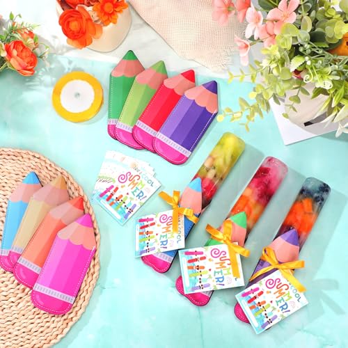24 Sets End of Year Gifts for Students Bulk Summer Ice Pop Sleeves Reusable Colorful Pencil Freezer Ice Pop Holders Bags Cool Summer Cards Ribbons School Graduation Birthday Party Favors - style: Pencil