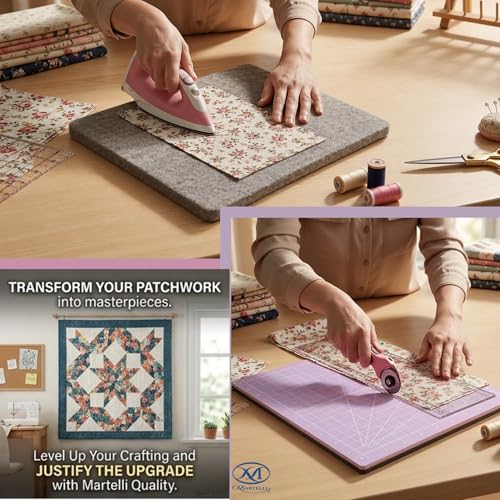 Martelli 12x12 Translucent Press or Cut Mat- Double Sided Professional Self-Healing Rotary Cutting Mat and 100% Wool Pressing Pad for Quilting, Sewing and Precision Fabric Ironing