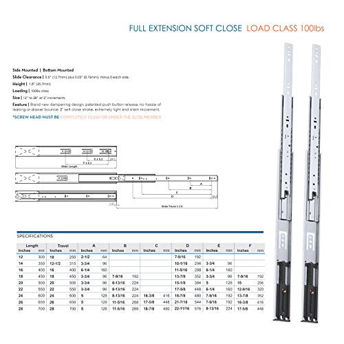 10 Pairs of 22" Rok Hardware Soft Close Drawer Slides, Full Extension, Ball Bearing, 100 lb Weight Capacity - Available in 12", 14", 16", 18", 20", 22" and 24" Lengths - size: 10 Pairs - 22 in.