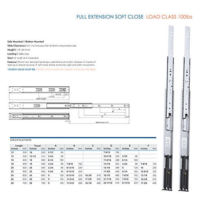 Pair of 22" Rok Hardware Soft Close Drawer Slides, Full Extension, Ball Bearing, 100 lb Weight Capacity - Available in 12", 14", 16", 18", 20", 22" and 24" Lengths - size: 22 in.