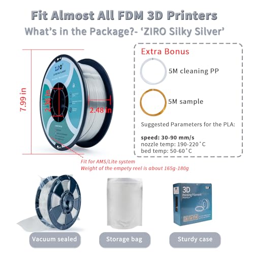 ZIRO PLA Filament 1.75mm, Shine Silk 3D Printing Material, 1KG Silver - color: Silky-silver