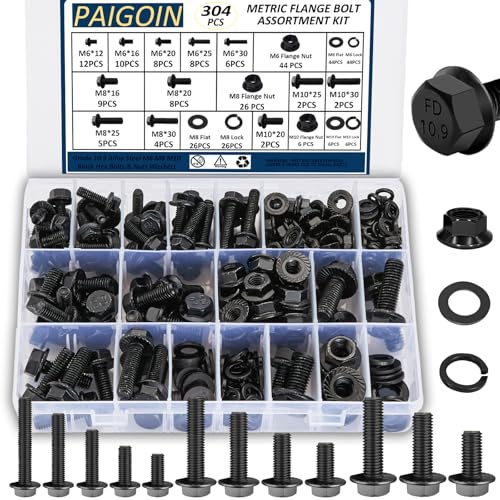 304PCS Metric Flange Head Bolt Assortment Kit Grade 10.9 - color: Black KIT -304PCS