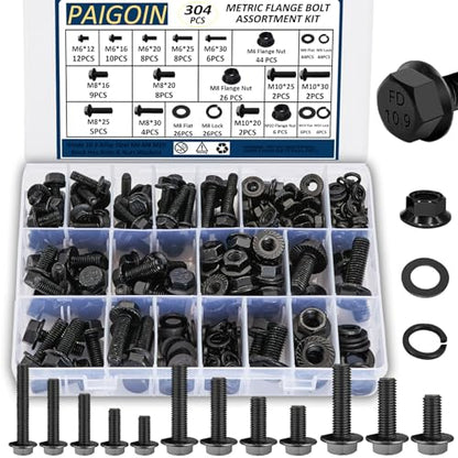 304PCS Metric Flange Head Bolt Assortment Kit Grade 10.9 - color: Black KIT -304PCS