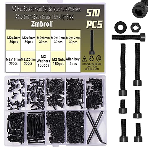 510 Pcs M2 Socket Cap Screws Metric Hex Bolt Nuts Washers 12.9 Grade Alloy Steel Screw Hex Socket Head Cap Small Machine Screws Kits with Wrench Key