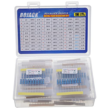 BOJACK 350 Pcs 30 Values Resistor Kit 1 Ohm - 1M Ohm with 1% 1W Metal Film Resistors Assortment - size: 1 W