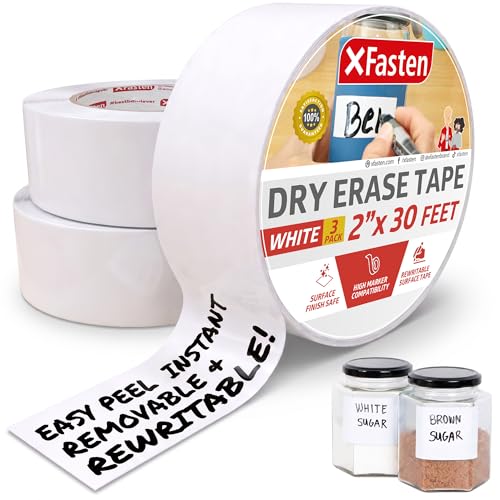XFasten Dry Erase Tape White 2-Inch x 30-Feet (3-Pack 90 Feet Total) Zero Smudging Ghosting-Free Whiteboard Tape, Reusable Dry Erase Labels for Storage Bins, Sentence Strips for Teachers - size: 2-Inch x 30-Feet (3-Pack, 90 Feet Total)