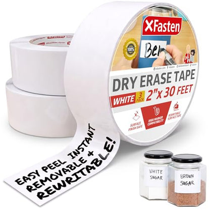 XFasten Dry Erase Tape White 2-Inch x 30-Feet (3-Pack 90 Feet Total) Zero Smudging Ghosting-Free Whiteboard Tape, Reusable Dry Erase Labels for Storage Bins, Sentence Strips for Teachers - size: 2-Inch x 30-Feet (3-Pack, 90 Feet Total)