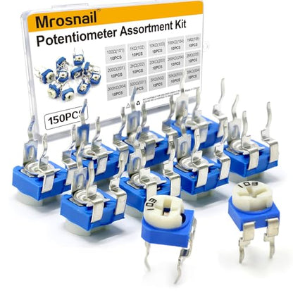 150PCS Potentiometer Assortment Kit, 15 Values 100Ω-2MΩ, 6mm Shaft
