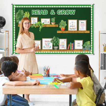 Plant Bookshelf Bulletin Board Set Read and Grow Motivational Greenery Classroom Decor Reading Library Back to School Positive Eucalyptus Potted Paper Cutouts for School Wall Decor Supplies - style: Plant Bookshelf