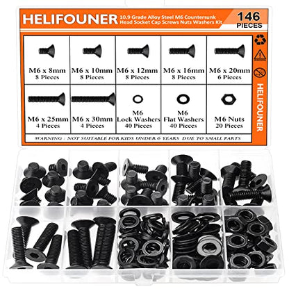 HELIFOUNER 146 Pieces M6 x 8mm /10mm /12mm /16mm /20mm /25mm /30mm, Countersunk Head Socket Cap Screws Bolts Washers Nuts Kit, 10.9 Grade Alloy Steel, Full Threaded, Black - size: M6, style: Countersunk Head