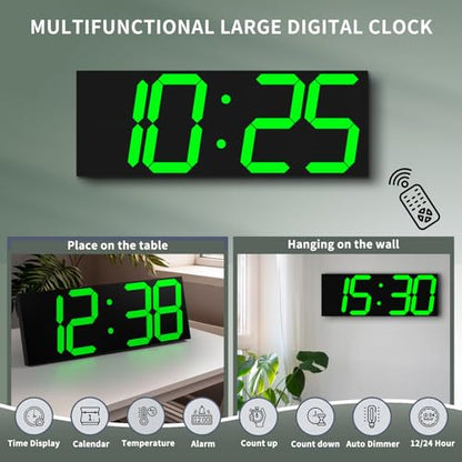 CHKOSDA 18.7in Large Digital Wall Clock,LED Digital Clock whih Big Number,Multi-Function Remote Controlled Wall Clock with Timer, Alarm and Calendar Display(Green) - color: Green