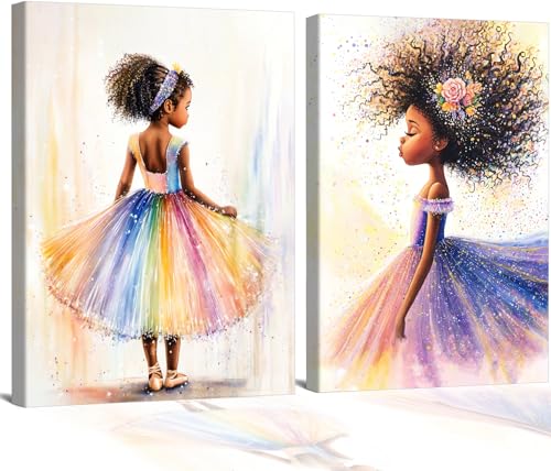Black Girl Princess Wall Art,Cute Girl Rainbow Ballet Art Decor 16X12In - color: 16x12inch (Framed)m