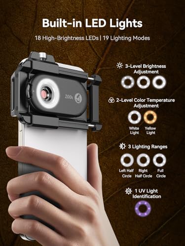 MIAO LAB 200X Phone Microscope Lens, Phone Camera Micro Lens with Universal Clip/LED Light/CPL, Mini Pocket Microscope Attachment for iPhone 17/16/15/14/13 Series and Most Smartphone