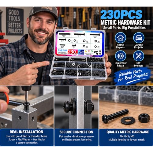 230PCS M4 M5 M6 Phillips Pan Head Screws Assortment Kit, Black Alloy Steel Metric Bolts Nuts Washers Set, Fastener Hardware for Wall Switch, Receptacle, Headboard Furniture Household Repair - color: M4 M5 M6 230pcs