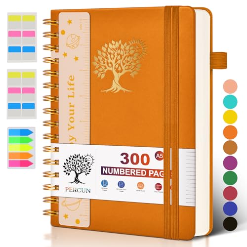 PERCUN Spiral Notebook 300 Numbered Lined Pages Hardcover Journal 5.9"x8.5" - color: Orange, size: A5 size (5.9in x 8.5in)