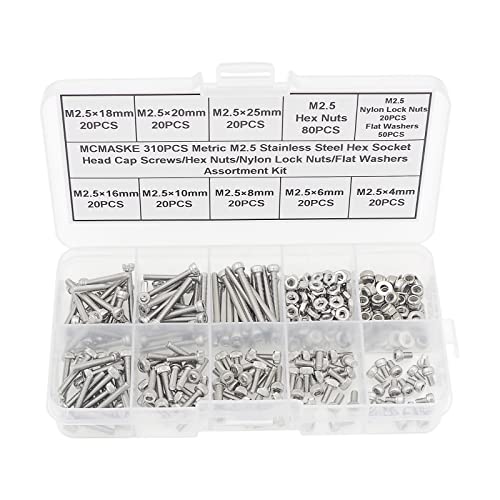 310PCS M2.5 304 SS Knurled Socket Head Cap Screws Nuts Washers Kit - size: M2.5