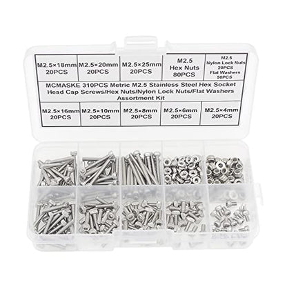 310PCS M2.5 304 SS Knurled Socket Head Cap Screws Nuts Washers Kit - size: M2.5