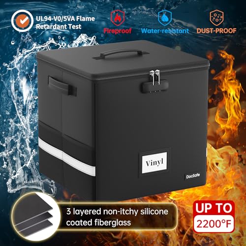 DocSafe Vinyl Record Storage Box with Lock,Fireproof＆Water Resistant Record Organizer Storage for 100+ Single Records(12-inch),Collapsible Storage Crate with Lid&Handles for Valuable Album Collection - color: Black, size: 13"x13"x13", 1 pack