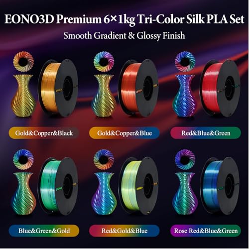 Tri Colors Change Silk PLA 3D Printing Filament， 1.75mm Multicolor Filament, Dimensional Accuracy +/- 0.03mm,6 Packs 6KG Spool(13.2 lbs), Fit Most 3D Printers - color: Silk Triple Color 6×1kg Bundle