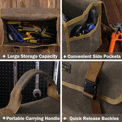 Canvas Tool Storage Bag - Portable Garden Tool Carrying Case with 3 Pockets + 2 Release Buckles, Multi-Purpose 16OZ Waxed Canvas Tool Tote Bag | 11.5"L x 6"W x 7.5"H | Grey - color: Grey