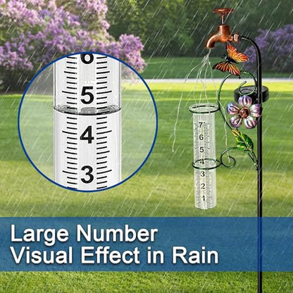 37in Solar Butterfly Rain Gauge Copper Faucet Metal Garden Stake Decor - color: Bronze Faucet