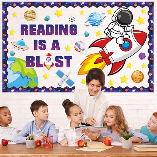 Outer Space Astronaut Bulletin Board Decorations Space Theme Classroom Bulletin Board Set Galaxy Borders Reading is A Blast Adventure Star Cutouts Back to School Preschool Chalkboard Wall Supplies - style: Outer Space