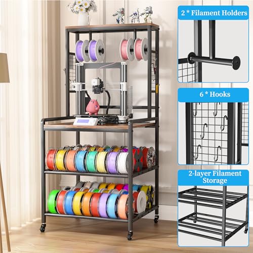 kepptory 3D Printer Stand with Power Outlet, Rolling Storage Cart w/Filament Spool Holder, Lockable Wheels Heavy Duty Rack for Ender 3 Ender 5 CR10 Desktop 3D Printers, Natural - color: Brown