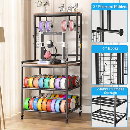 kepptory 3D Printer Stand with Power Outlet, Rolling Storage Cart w/Filament Spool Holder, Lockable Wheels Heavy Duty Rack for Ender 3 Ender 5 CR10 Desktop 3D Printers, Natural - color: Brown
