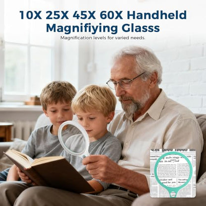 Large Magnifying Glass with Light,10X 25X 45X 60X Handheld Illuminated Lighted Magnifier, 5in Page Reading Magnifier with 12 LED Lights for Seniors Reading, Coins, Jewelry, Close Work - Green - color: Green