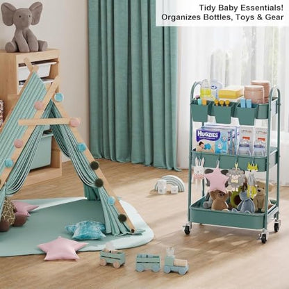 3 Tier Green Metal Rolling Cart with Lockable Wheels, 3 Tiered Roller Shelf - color: Elegant Green, size: 3 tier