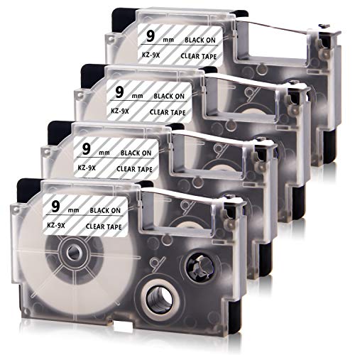 4-Pack Compatible for Casio Label Tape XR-9X XR-9X2S 9mm Black on Clear