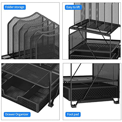 Simple Trending Mesh Desk Organizer with Sliding Drawer, Double Tray with 5 Sections File Bookshelf, Black - size: 13.25”W x 9.25”D x 15.25”H